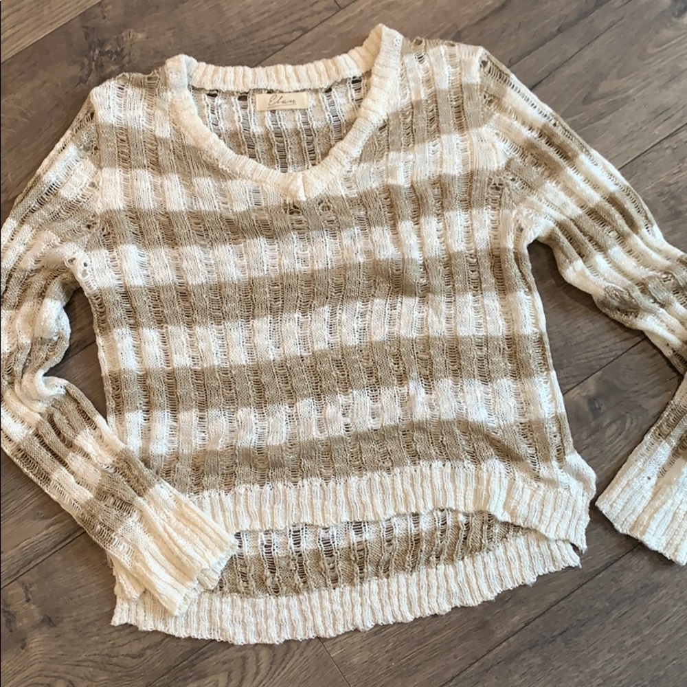 Tan/cream stripe V-neck open knit sweater